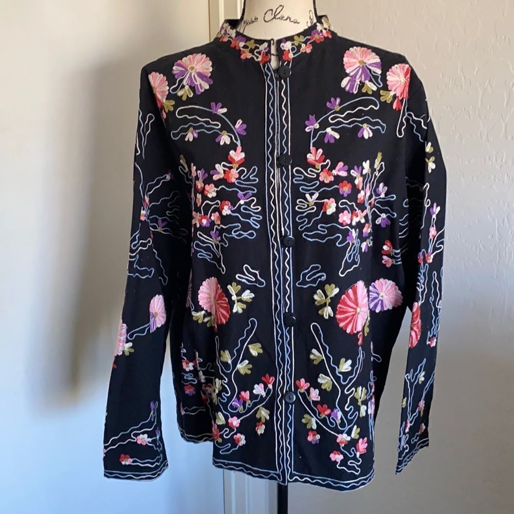 Take Two Clothing Co Black Floral Design Boho Feminine Embroidered Print Shacket